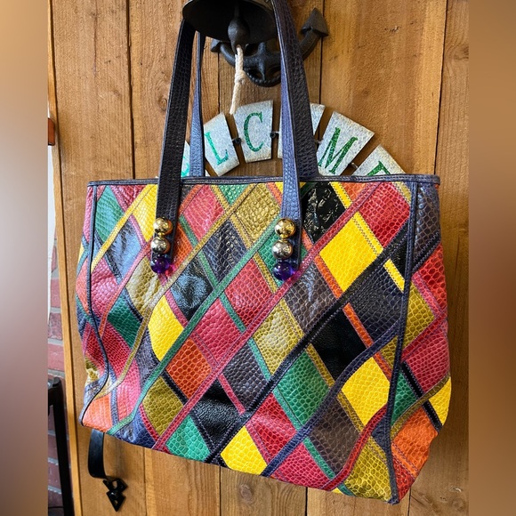 1980’s Unique Colorful Patchwork Leather Tote. Made in Italy - Picture 2 of 9
